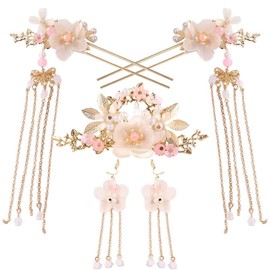 5Pcs Alloy Hair Sticks Pins Long Tassel Hanfu Chinese Flower Hair Clips Crystal Hair Pins Headwear Sets for Women and Girls