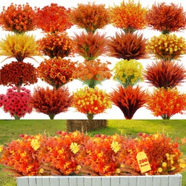 Giegxin 200 Pieces Artificial Fall Flowers for Outdoors Realistic Outdoor Faux Plants Uv Resistant Artificial Wild Flowers, Plastic Plants Fake Wheat Violet for Hanging Garden Porch Window Wall Decor