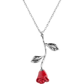 MignonandMignon Rose Pendant Necklace in Gold Rose Gold Silver Beauty and the Beast Rose Necklace Jewelry Gift for Mom (Silver with Red Petal) - 3ERN