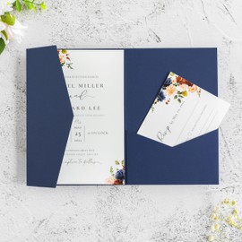 FEIYI 20 PCS Navy Blue Tri-fold Laser Cut Wedding Invitation Pockets for 5x7 Wedding Cards Bridal Shower Engagement Quinceanera Invitation