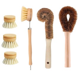 MYTOAU 6 Pack Bamboo Dish Brushes Sets for Kitchen with Handle,Wooden Cleaning Scrubbers Brushes, Eco-Friendly Natural Dishes Washing Brush for Dishwashing Cast Iron Pots Pans Skillet Kitchen Sink
