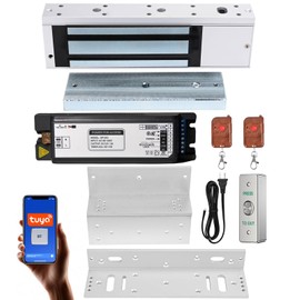 Smart Door Access Control System 1200lbs Magnetic Lock Kit with ZL Bracket Tuya App & Remote Control, Stainless Steel Exit Button