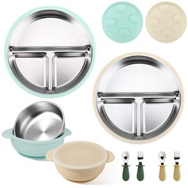 Mity rain Stainless Steel & Silicone Toddler Plates and Bowls Set with Suction,10-Piece Suction Plates & Bowls for Toddler,Removable Shell,Silicones Baby Plates for Independent Eating.