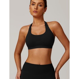 Halter Sports Bra for Women Seamless Open Back Womens Halter Sports Bras Padded Low Impact Workout Gym Yoga Bra Running Athletic Crop Tank Tops with Removable Cups XS Black