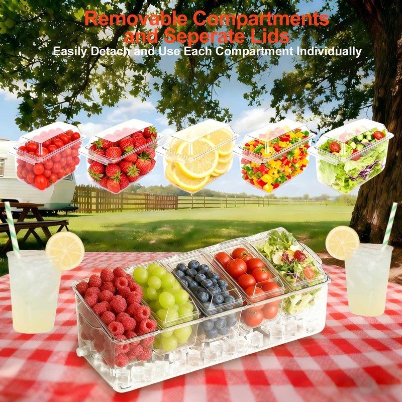Large Ice Chilled Condiment Caddy，Chilled Condiment Containers Server with Lids
