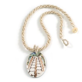 Oval Shell Pendant Antique White Glass Bead Twisted Rope Necklace in White/Brown/Abalone Colours - 44cm Long
