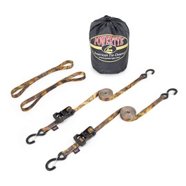 PowerTye 1in x 15ft Black Ratchet Tie-Downs with Latch Hooks, Soft-Tyes, and Storage Bag - Made in USA - 600 lb. Working Load Limit / 1,800 lb. Breaking Strength - Fall Forest CAMO (Pair)