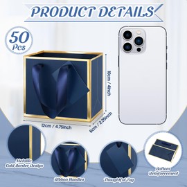 Yeaqee 50 Pcs Mini Gift Bags with Handles Small Gift Bags Metallic Foil Paper 4x4.75x2.25'' Extra Small Thank You Gift Bags Bulk with Tag for Birthday Wedding Fall Party(Navy Blue, Gold)
