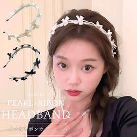Halgio Hair Headband Ribbon Pearl, Women's Hair Accessories, Ballet Core, Accessories, Pearl Headband Headband, Hair Access, Mine Type, Korea, Lolita, Girly, Olchan (White, Free)