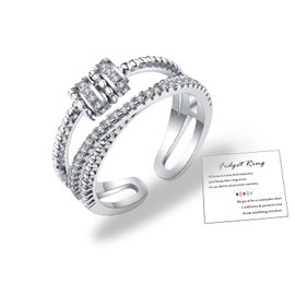 925 Sterling Silver Fidget Ring for Anxiety Silver Anxiety Rings for Women Adjustable Beads Stress Relief Spinner Ring Cubic Zirconia Thumb Rings for Stress Relief Silver Fidget worry Rings Mood Ring