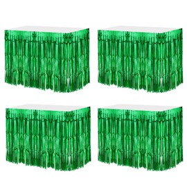 MECCANIXITY 4 Pcs 29x108 Inch Green Metallic Foil Fringe Tinsel Table Skirts for Rectangle Tables Tinsel for Wedding Birthday Party Decoration