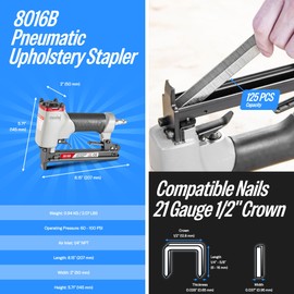 meite Pneumatic Upholstery Stapler Tool for 21 Gauge 1/2-Inch Crown Staples, Heavy-Duty Stapler for Woodworking, Carpentry, and DIY Projects (Model 8016B)