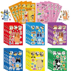 16 Pcs Blue Dog Face Stickers Sheets for Children Party Bags, Make Your Own Stickers Characters DIY Stickers for Kids Party Favor Supplies Craft