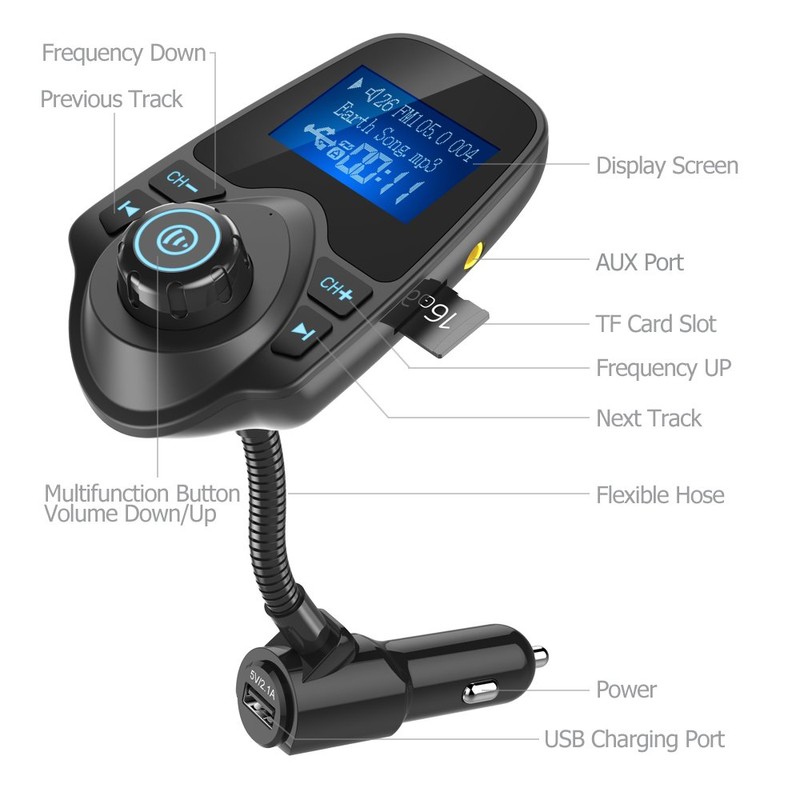 Nulaxy Bluetooth Car FM Transmitter Audio Adapter Receiver Wireless Handsfree