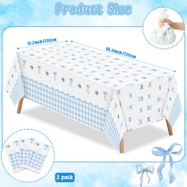 Coquette Blue Bow Party Tablecloths - 3Pcs Watercolor Bow Knot Birthday Party Table Cover Decorations, Blue Ribbon Themed Rectangular Plastic Disposable Table Cloth for Birthday Baby Shower Wedding