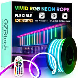 GZBtech RGB LED Neon Rope Lights 16.4FT/5M, AC 110-120V Waterproof Color Changing LED Rope with Remote Control, Dimmable Multi Color Strip Lighting for Indoor Outdoor Commercial Use, ETL Listed