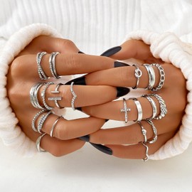 KISS WIFE Silver Kunckle Rings Set for Women, Dainty Simple Trendy Cute Stackable Finger Rings Pack, Stacking Layering on Thumb and Knuckle, Mixed Size (Sparkling)