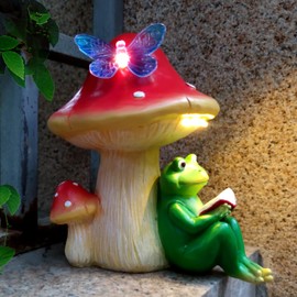 RCTTICUU Solar Frog Mushroom Garden Statues,Statuettes of Resin Frog Mushroom Reading a Book Figurine with LED Solar Lights, Lawn Decor Outdoor Statue for Patio,Balcony,Yard,Lawn Ornament