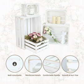 5-Piece Rustic White Wooden Crates Set, Wall Mountable Slatted Storage Crates with Handles, Farmhouse Wooden Crates for Display & Organizer for Home Decor