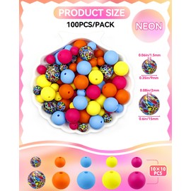 100PCS FIVEIZERO Silicone Beads, 9mm & 15mm Silicone Beads for Keychain Making, Neon Mixed 5 Colors Silicone Focal Beads for Bracelets, Beadable Pens and DIY Crafts