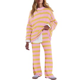 LAMISSCHE Oversized Womens Lounge Set Striped Sweater Set Long Sleeve 2 Piece Pajama Set Top and Pants with Pockets(Pink&Yellow,M)