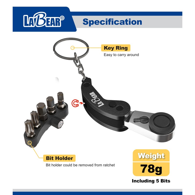 LABEAR - Golden Mini Folding Ratchet Screwdriver Set, 72-Tooth Reversible