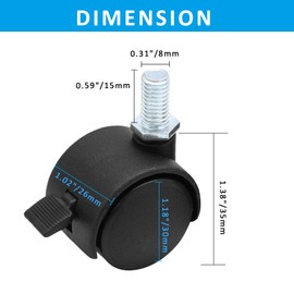 suiwotin 4pcs 1 Inch Swivel Caster Wheels, M8 Threaded Stem Caster Wheels with Brake, Heavy Duty Casters, Black Nylon Wheel Replacement for Furniture, Table, Cabinet, Shelf