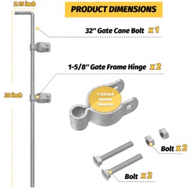 1-5/8" x 32" Cane Bolt Gate，Chain Link Fence Gate Drop Rod Kit for Single or Double Gate，Heavy Duty Galvanized Steel Gate Cane Bolt with Frame Hinges