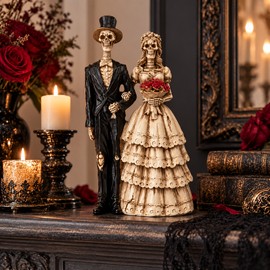 Skeleton Couple Statue for Gothic Home Decor – Resin Bride & Groom Figurine for Halloween, Wedding and Romantic Displays