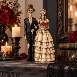 Skeleton Couple Statue for Gothic Home Decor – Resin Bride & Groom Figurine for Halloween, Wedding and Romantic Displays