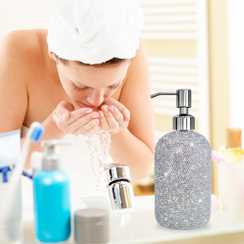 SlowVibes 18Oz Bling Glass Soap Dispenser with Rust Proof Stainless