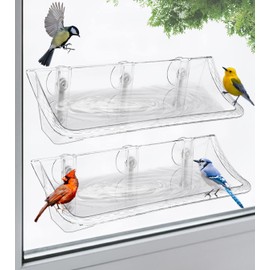 AnBaiMei Clear Window Mounted Bird Feeder Bath with Strong Suction Cups for Outside, Transparent Glass Birdfeeder Birdbath for Cats, Kids, Elderly Viewing, 2 Pack
