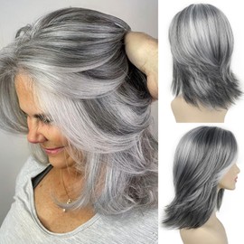 SEVENCOLORS Layered Grey Silver Wigs for White Women Short Mixed Gray Wigs with Curtain Bangs Synthetic Hair Shoulder Length Wavy Bob Wigs
