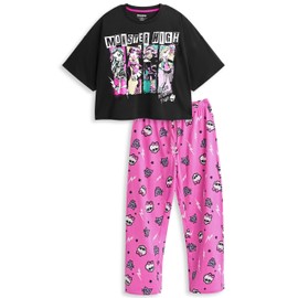 Monster High Ladies Pajama Set | Short Sleeve Top and Long Leg Pajama Bottoms for Adults, Alumni Reunion Tour in Black and Pink Ladies Character Print Sleepwear, black