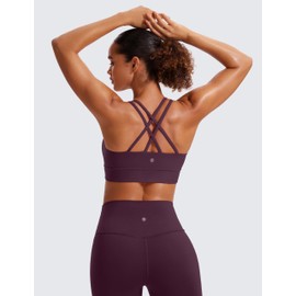 CRZ YOGA Butterluxe Women's Strappy Sports Bra Molded Cup Criss Cross Yoga Bra Padded Longline Workout Crop Top Deep Purple M