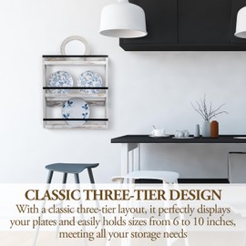 MyGift Wall Plate Display Rack, 3 Tier Farmhouse Whitewashed Wood Wall Mounted Plate Storage Rack, Holds 6-10inch Plates