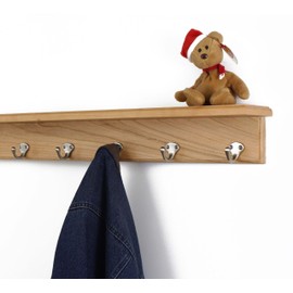 PegandRail Solid Cherry Shelf Coat Rack with Satin Nickel Single Style Hooks (Natural, 26" with 5 Hooks)