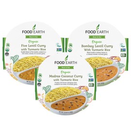 Food Earth Ready to Eat Indian Cuisine Bundle - 3 Recipes w/Turmeric Rice – Bombay Lentil Curry, Five Lentil Curry & Madras Coconut Curry - Organic, Vegan, Gluten, GMO-Free, Plant-Based - Pack of 3