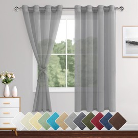 XWZO Gray Sheer Curtains Semi Transparent Eyelet Top Linen Look Voile Panels/Drapes/Treatment for Bedroom Living Room,W55*L69，Set of 2