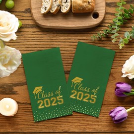 Horaldaily 50 Class of 2025 Graduation Disposable Paper Decorative Guest Napkins, Green and Gold Foil dots, College High School Grad Celebration Hand Towel for Party Dinner Kitchen Bathroom