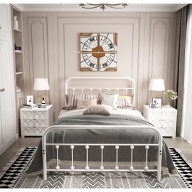 NACHTIMOOR Full Platform Metal Bed Frame with Headboard and Footboard,Vintage Victorian Style Mattress Foundation, No Box Spring Required, Under Bed Storage (Full, White)