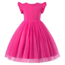 Uhnice Toddler Girl Tulle Tutu Flutter Sleeve Casual Dress (Rose, 80/2-3 Years)