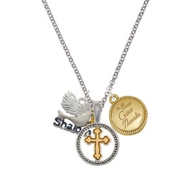 Delight Jewelry Silvertone Shalom with Dove Two-tone Give Thanks to God Cross Pendant Necklace, 23"