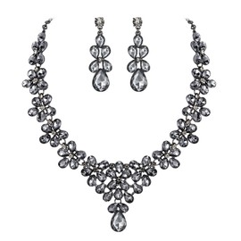 BriLove Women's Wedding Bridal Jewelry for Bride Teardrop Cluster Crystal Statement Necklace Dangle Earrings Set Grey Black-Tone