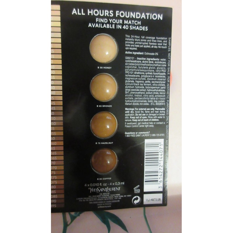 Yves Saint Laurent All Hours Foundation Sample Honey, Bronze, Hazelnut,