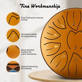 Zungentrommel, MINENICE 6 Zoll 11 Ton Handpan Trommel, C-Dur & Rostfrei Handtrommel Handpan, Blattmuster Steel Druml mit Trommeltasche und Schlaginstrumenten für Meditation und Musiktherapie (Golden)