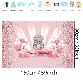 Happy 8th Birthday Decorations for Girls - Backdrop Banner, Party Deco, Fabric Sign Poster, Pink Photo Background for Girl's Anniversary Party Supplies, 59"x35.4"