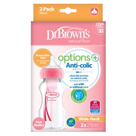 Dr Brown's Natural Flow Dr Brown's Natural Flow Anti-Colic Options+ Wide-Neck Baby Bottle, 9oz/270ml, with Level 1 Teat, 2-Pack, Pink