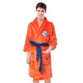 SINSEN Mens Dragon Ball Dressing Gown Anime Goku Bathrobe Sleepwear Thick Flannel Soft Casual Pajamas with Belts, Orange (S/M)
