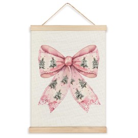 Preppy Christmas Wall Decor, Pink Bows Christmas Tree Art Framed, Pink Christmas Wall Decor, Winter Wall Decor, Coquette Christmas Winter Decor for Home Bedroom Living Room Hanging Sign, 12x16 Inch